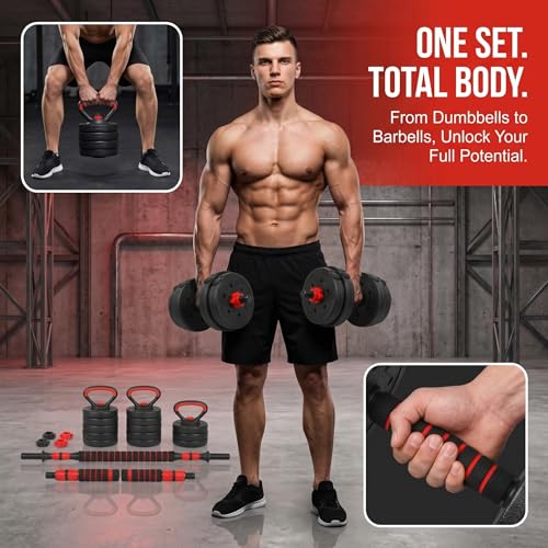 Adjustable Dumbbells Set of 2,Free Weight Set with Connector,Used as Barbell, Kettlebells, Push up Stand, Weight Plate, Fitness Exercises for Home Gym Suitable Men/Women - color: Red25lbs(12.5lbs*2)