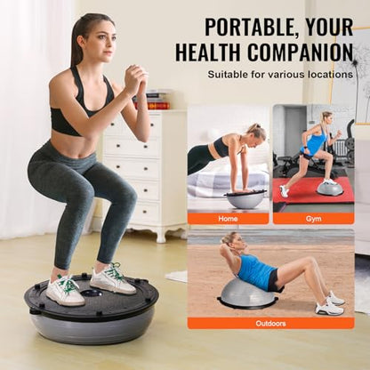 VEVOR Half Exercise Ball Trainer, 23/26 inch Balance Ball Trainer, 1500lbs Capacity Stability Ball, Yoga Ball with Resistance Bands & Foot Pump, Strength Fitness Ball for Home Gym Full Body Workout - color: 23" Ripple Gray