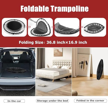 40" Foldable Mini Trampoline for Kids & Adults, Fitness Rebounder with 5-Level Adjustable Foam Handle, Max Load 450 lbs, Indoor/Outdoor Exercise Trampoline for Home Workouts (Red)