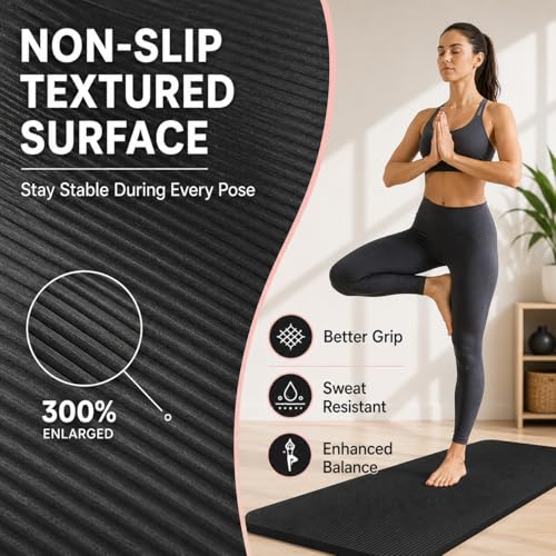 Non Slip Yoga Mat, Extra Thick TPE Exercise Mats for Home Workout with Carrying Strap, Durable Anti-Tear Fitness Mat for Pilates Stretching Gym - color: Red
