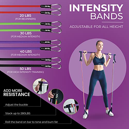 Portable Pilates Bar Kit with Resistance Bands (20, 30, 40, 50 LB) - Guided 8-Week Pilates Bar Kit Plan - Premium Quality Home Equipment 3-Section Pilates Bar with Resistance Bands Full-Body Toning