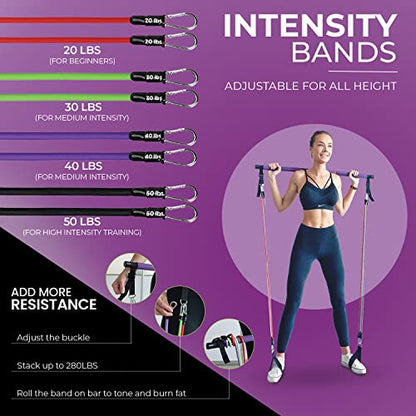 Portable Pilates Bar Kit with Resistance Bands (20, 30, 40, 50 LB) - Guided 8-Week Pilates Bar Kit Plan - Premium Quality Home Equipment 3-Section Pilates Bar with Resistance Bands Full-Body Toning
