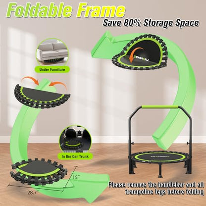 Foldable Mini Trampoline, 40"/48" Rebounder Trampoline for Adults & Kids, 450lbs Capacity with U-Shaped Adjustable Bar, Indoor Fitness Workout Exercise Equipment