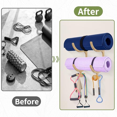 Wooden Yoga Mat Holder Wall Mount, Wooden Yoga Mat Storage Rack Solid Wooden Yoga Mat Holder Home Gym Equipment Storage & Organizer Wall Mount Workout Storage Holder for Mats,Resistance Bands