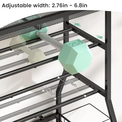 Home Gym Storage Rack, Dumbbell Rack with Yoga Mat Storage, Weight Rack Stand with Lockable Wheels and Hooks, Home Workout Equipment Organizer for Yoga, Dumbbell, Kettlebells, Ball Storage