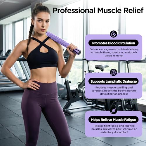 Muscle Roller & Massage Roller Stick for Athletes - Lymphatic Drainage Support, Relieves Muscle Soreness, Cramping & Tightness - Targets Legs, Arms, Back & Calves （Purple - 18inch） - color: Purple