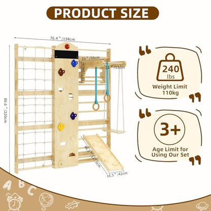 Indoor Climbing Wall, 10-in-1 Swedish Ladder, Indoor Playground for Kids and Adults, Rock Climbing Wall, Wooden Swing Sets, Gymnastic Rings, Wall Ladder, Rope Ladders, Stretching Balanced