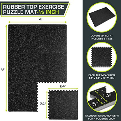 ProsourceFit Rubber Top Exercise Puzzle Mat ½-inch, EVA Foam, Protective Interlocking Tiles for Home Gym Equipment and Workouts; Grey, 24 SQ FT, 6 Tiles