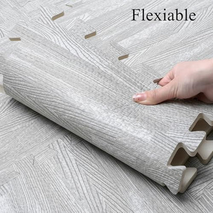 Tebery 16 Pieces Printed Wood Grain Interlocking Floor Tiles 3/8-Inch Thick EVA Foam Grey Puzzle Floor Mat