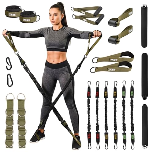 Tube Resistance Bands for Working Out Men and Women - 180lb Exercise Bands Set with Handles, Resistance Band Bar, Ankle Straps, Foot Straps, Door Anchor for Home Gym Strength - color: Military Green