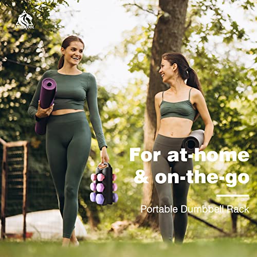 LIONSCOOL Set of 2 Neoprene Coated Dumbbell Hand Weights, Anti-Slip and Anti-Roll Hex Dumbbells in Pair for Strength Training, Resistance Training - style: 18lb, set of 6 with stand (Lilac Fantasy)