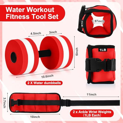 Hollowfly Water Aerobics Set, 4 Piece Pool Exercise Kit (2 Aquatic Dumbbells + 2 Ankle/wrist Weights), EVA Foam, Low-impact Workout - color: Red, size: 1lb