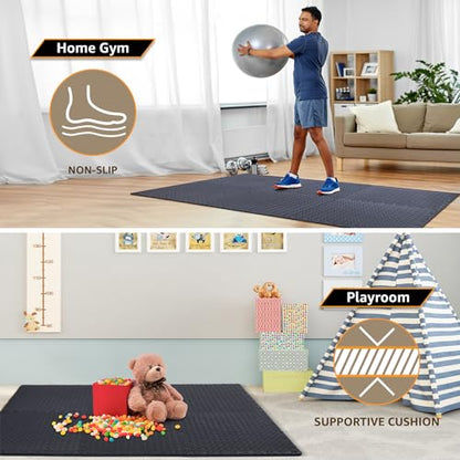 12 Pack, 48 SQFT - 24" x 24" - 1/2" Extra Thick Floor Exercise Mat for Home Gym or Floor Padding - High-Density EVA Interlocking Foam Floor Tiles for Gym Equipment, Play Area | Yoga, Cardio, Weights - size: Black