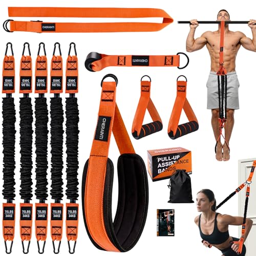 Pull Up Assistance Bands, 375lbs Heavy Duty Pullup Assist Band Set with 5 Resistance Bands, Adjustable Strap, Comfortable Foot/Knee Rest, Handles & Door Anchor for Home Gym Strength Training