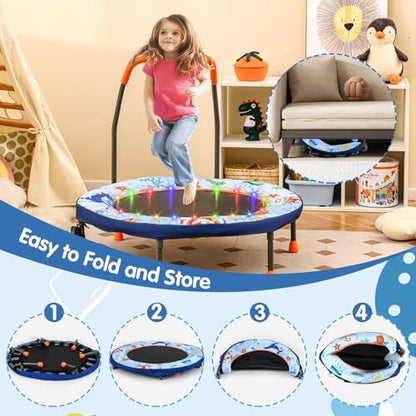 Goplus Foldable Toddler Trampoline for Kids, 36'' Recreational Mini Trampoline w/20 LED Lights, Foam Handle, Padded Safety Cover, Indoor Outdoor Exercise Rebounder for Boys Girls Aged 3-6 - style: Baby Blue-Ocean