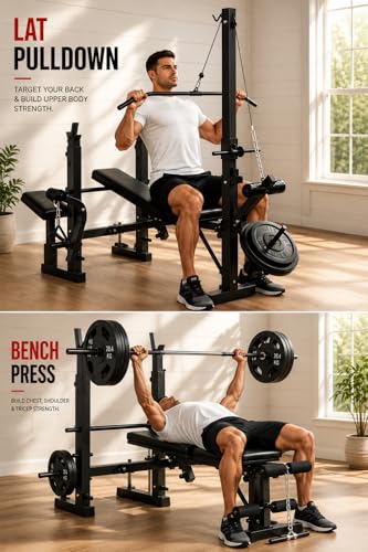 Garvee 8 in 1 Olympic Weight Bench Set with Leg Extension & Curl, Adjustable Bench Press Set with Rack, Preacher Curl Pad, Chest Fly，Lat Pulldown, Multi-Function Home Gym Strength Training Equipment