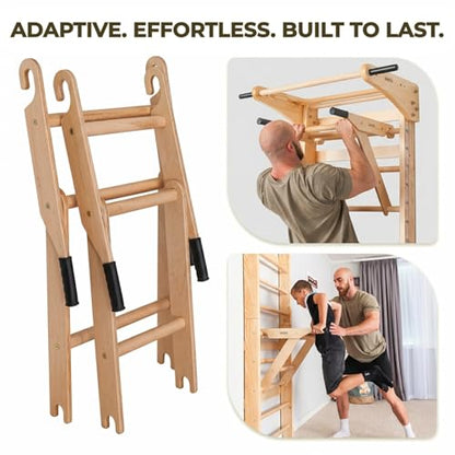 Swedish Ladder Wall Bars with Pull-Up Bar & Dip Station for Kids and Adults – Wooden Stall Bars, Multifunctional Home Gym Wall Ladder for Strength Training & Stretching