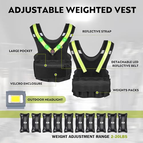 Weighted Vest for Women Men, Sport Running Weighted Vest with Reflective Strips and LED Flashing Sash, 10lbs/20lbs Weight Vest for Strength Training and Workout - size: 20LBS
