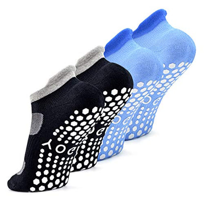 Busy Socks 2 Pack Women Ankle Non Slip Yoga Pilates Grip Socks with Cushion - color: 2 Pairs Black/Blue