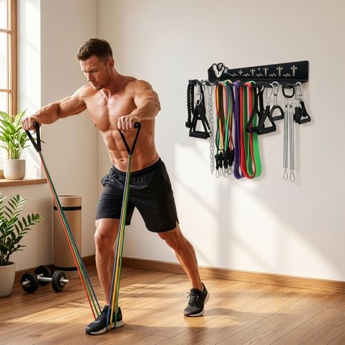 DEAYOU Home Gym Storage Rack Wall Mount, 9 Hook Gym Accessories Organization, Multi-Purpose Gym Equipment Hanger for Barbells, Resistance Bands, Jump Ropes, Lifting Belt, Row Handles, 16.5"