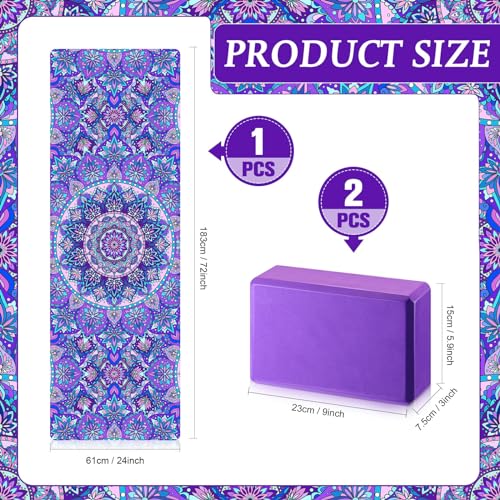 Tinideya 3 Pcs Yoga Mat Yoga Block 6 MM Thick Yogas Mat Non Slip with Carrying Strap Travel Mats for Exercise, Fitness, Pilates, Floor Workouts