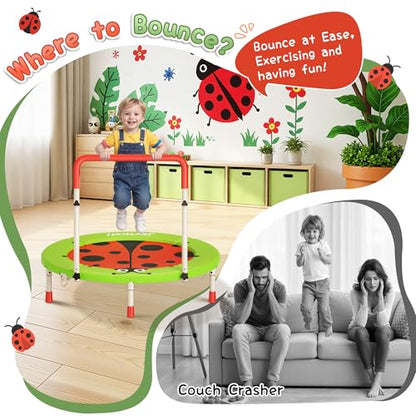 Premium 3FT Foldable Toddler Trampoline for Kids Ages 3-6, 36 Inch ASTM Certified Mini Trampoline with Adjustable Handle, 100 lbs Capacity, Quiet Elastic Bands, Safe for Indoor Outdoor Use - style: Green