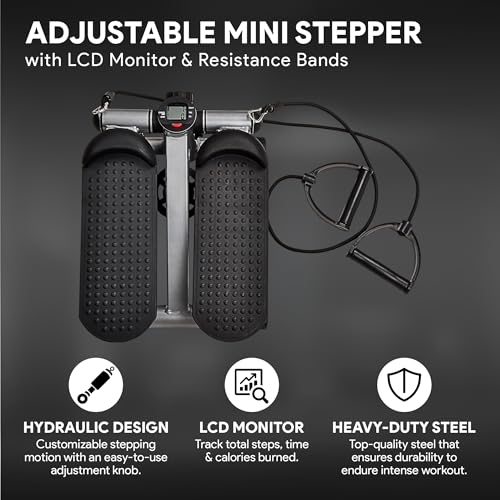 BalanceFrom Mini Stepper Exercise Machine, 300 Pound Weight Capacity – Compact Home Gym Equipment with Resistance Bands, LCD Monitor, Adjustable Height, and Non-Slip Footplates