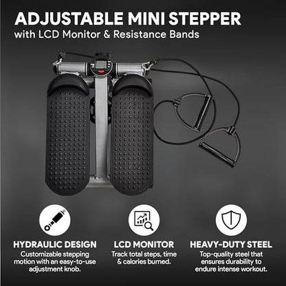BalanceFrom Mini Stepper Exercise Machine, 300 Pound Weight Capacity – Compact Home Gym Equipment with Resistance Bands, LCD Monitor, Adjustable Height, and Non-Slip Footplates