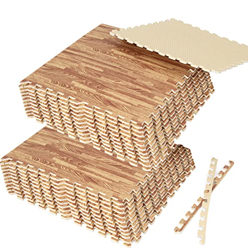 Giantex 24 Pcs Faux Wood Grain EVA Foam Tiles, 24"x24" Interlocking Floor - color: Light Oak, size: 96 Sq.Ft (24 Tiles)