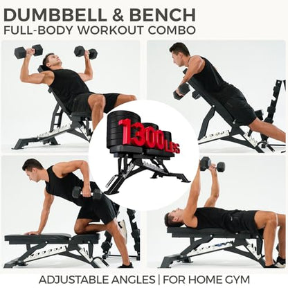 RitFit Rubber Coated Hex Dumbbell Set with Rack, 5-780LB for Home Gym Strength Training, Anti-Slip Knurled Handle, Hexagon Anti-Roll, Heavy-Duty Storage Rack - style: 250 LB Set with Adjustable Weight Bench (10-40LB）