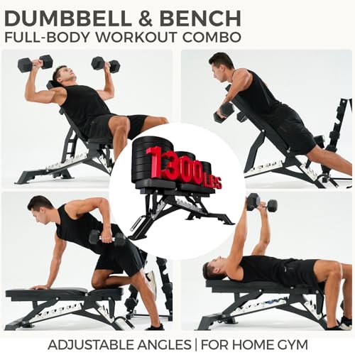 RitFit Rubber Coated Hex Dumbbell Set with Rack, 5-780LB for Home Gym Strength Training, Anti-Slip Knurled Handle, Hexagon Anti-Roll, Heavy-Duty Storage Rack - style: 350 LB Set with Adjustable Weight Bench (10-50LB）
