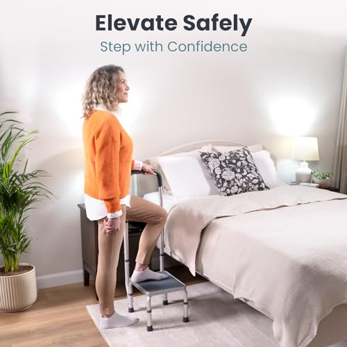 Pelegon Adjustable Step Stool with Handle for Elderly (300LB Capacity) – Bedside Safety Step for High Beds, Height Adjustable Platform & Handle, Non-Slip Stable Frame, Easy Assembly