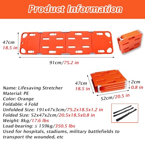 PE Spine Board Stretcher, Foldable Water Floating Stretchers with 3 74.8 IN Black Adjustable Straps, 2 & 4-Fold First Responder Backboard for Emergency Rescue(75.2x18.5x1.2 in/191x47x3cm-4 Fold) - size: 75.2x18.5x1.2 in/191x47x3cm-4 Fold