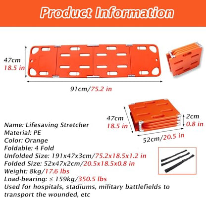 PE Spine Board Stretcher, Foldable Water Floating Stretchers with 3 74.8 IN Black Adjustable Straps, 2 & 4-Fold First Responder Backboard for Emergency Rescue(75.2x18.5x1.2 in/191x47x3cm-4 Fold) - size: 75.2x18.5x1.2 in/191x47x3cm-4 Fold