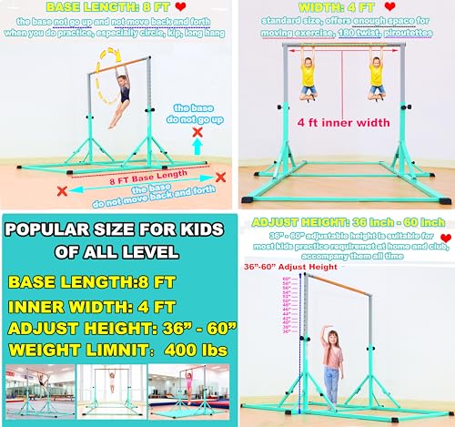 MARFULA Gymnastic Kip Bar for Kids Teens Ages 3-25 of All Gymnastic Levels - color: Teal (Bar with Mat - 8Ft Base)