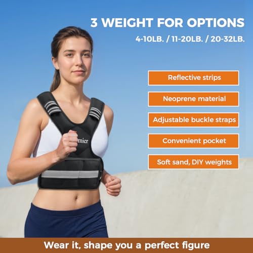 Adjustable Weighted Vest for Men and Women,4-10lb/11-20lb Vest with 6 Ironsand Weights,with Reflective Stripe,for Strength Training, Running, Fitness, Walking