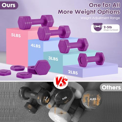EQUIPRO Adjustable Dumbbell Set, 4 in 1 Free Weights Dumbbells Set for Women, Weights for Women at Home, 2lb 3lb 4lb 5lb with TPU Soft Rubber Handle for Home Gym Exercise Training - color: Purple