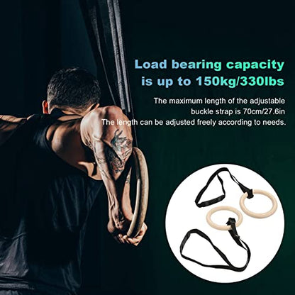 1 Pair Gymnastics Rings, 150KG / 330LB Load Pull Up Exercise Rings with Adjustable Buckle Straps Wood Home Workout Equipment for Men Women