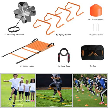 Agility Ladder Set 20ft, 4 Hurdles, 12 Soccer Cones, Jump Rope & Running Parachute - Speed Agility Training Equipment for Soccer Fitness Kids Youth Adults - color: Orange