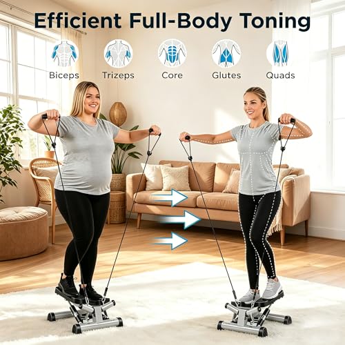 Efitment Mini Stepper for Exercise at Home, Twist Stair Stepper with Resistance Bands, LCD Monitor, Compact Cardio Step Machine for Full Body Workout