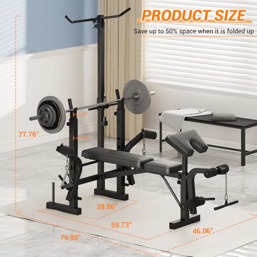 6-In-1 Foldable Weight Bench with Leg Extension & Preacher Curl, Adjustable Bench Press Station for Home Gym, 600LB Capacity, Compact Strength Training Bench for Dumbbell & Barbell Workouts