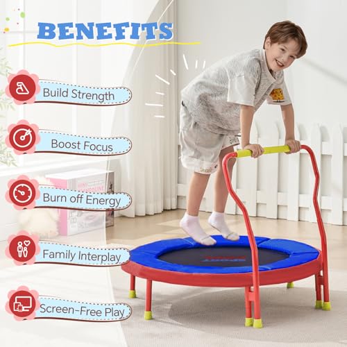 SPORTSOUL Mini Trampoline for Kids 3-6 with Super Safe Foam Handle Bar - color: Red & Blue