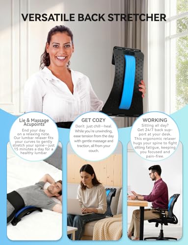 lumbar support board & Back Stretcher for Lower Back Pain Relief, 4-Level Adjustable Spine Decompression Device for Posture Correction, Portablearched orthopedic back stretcher with acupressure (Blue)