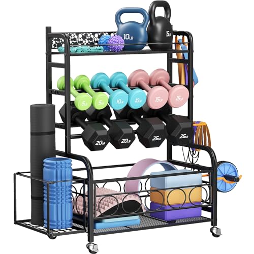 Dumbbell Rack, VOPEAK Adjustable Weight Rack for Home Gym, Home Gym Storage Rack for Yoga Mat Kettlebells and Strength Training Equipment, Weight Storage Rack for Dumbbells with Wheels