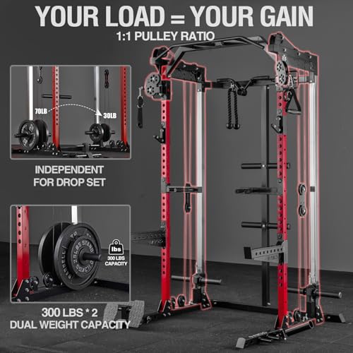 Mikolo Power Cage, 2000LB Power Rack with Independent Dual Pulley System, Multi-Function Home Gym Workout Machine for Cable Crossover and Squat