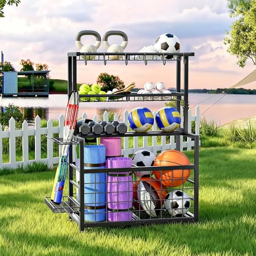 HOOBRO Sports Equipment Garage Organizer, Ball Storage Rack with Basket, Heavy Duty Ball Holder with Hooks, for Outdoor, Garage, Club, Basement, Black BK80JJ01