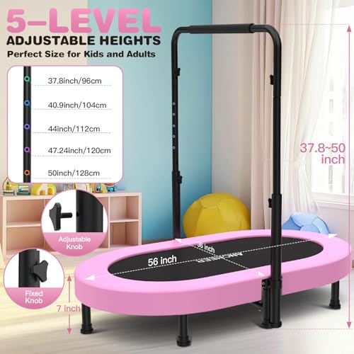 ANCHEER Trampoline, Mini Trampoline with Adjustable Handle -Indoor/Outdoor Rebounder for Kids & Toddlers, 56'' Safe Oval Fitness Trampoline with Bar for Home Fun
