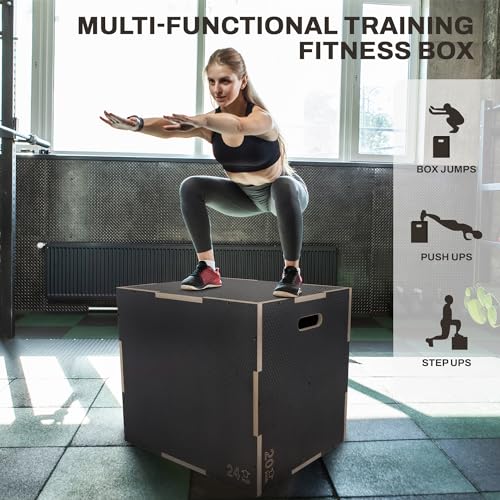 Signature Fitness 16" x 14" x 12" Non-Slip Wooden Plyo Box Jump Exercise Platform, Plyometric Workout Equipment for Home Gym, Training Step Box, Gray - size: 20x24x30"