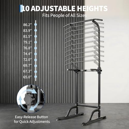 Power Tower Home Gym Strength Training Station Adjustable 10 Height Levels, Heavy-Duty Chin-Up Tower with Parallel Dip Handles, Bodyweight Workout Equipment for Pull-Ups, Dips, Knee Raises, Push-Ups, 330 Lb Capacity