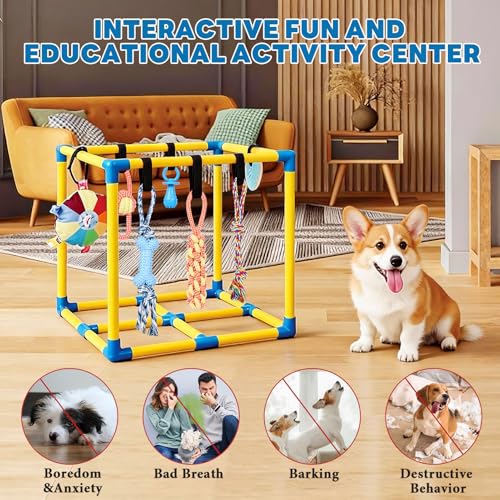 WLLEYAY Puppy Play Gym for Small Dogs 10 Hanging Toys,Interactive Dog Toys | Removable Indoor Jungle Gym,PVC Frame With Adjustable Bungee Straps, Interactive Tug Toys,Dogs Rope Toy To Keep Them Busy - color: Yellow & Blue